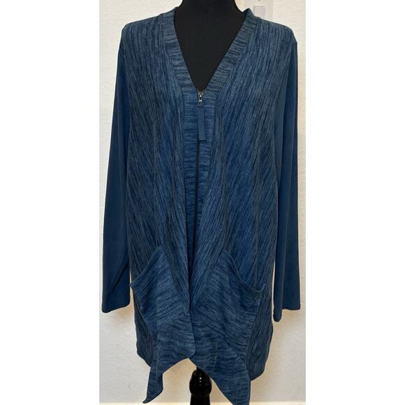 LOGO Lori Goldstein Teal Slub Full Zip Knit Jacket Cardigan Size Large - Picture 1 of 4